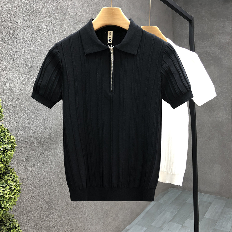 ハーフジップセーター半袖メンズアウター薄手セーターTシャツ2025夏新作アイスシルクラペルハーフスリーブ|undefined