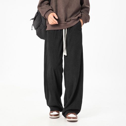 Unstructured pleated design corduroy casual pants, spring new item, retro texture straight-leg loose long pants.