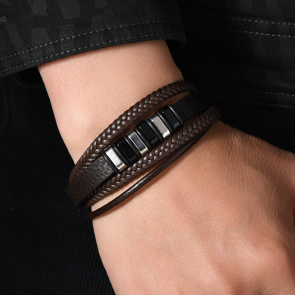 TEMU Xiyin una variedad de puntos estilo retro europeo y americano aleación lineal hebilla de succión magnética pulsera de cuero para hombre tejida a mano