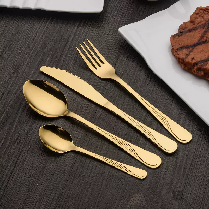 亚马逊加厚餐具镀金色不锈钢刀叉勺茶叉茶勺酒店家用西餐餐具套装