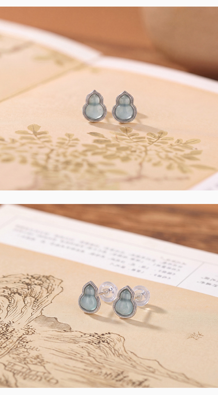 Bông tai bạc S925 đính đá hồ lô mã não mật sáp phong cách Trung Quốc — Mẫu Emerald chi tiết 5