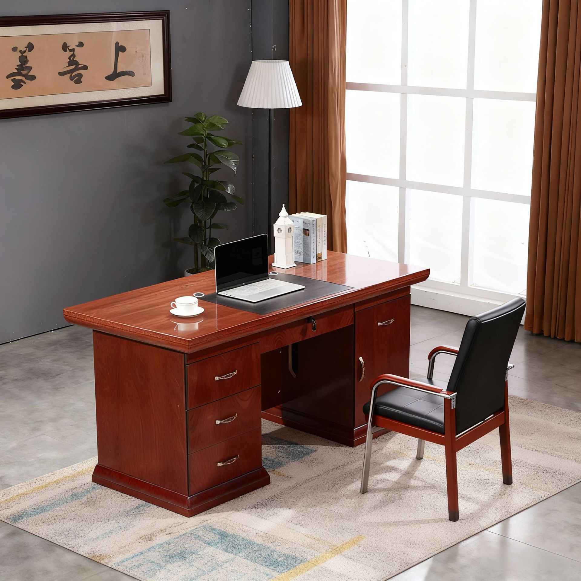 Mesa del jefe Mesa del gerente Mesa del personal Mesa de madera sólida Pintura roja Mesa de oficina de computadora de escritorio para una sola persona image 3