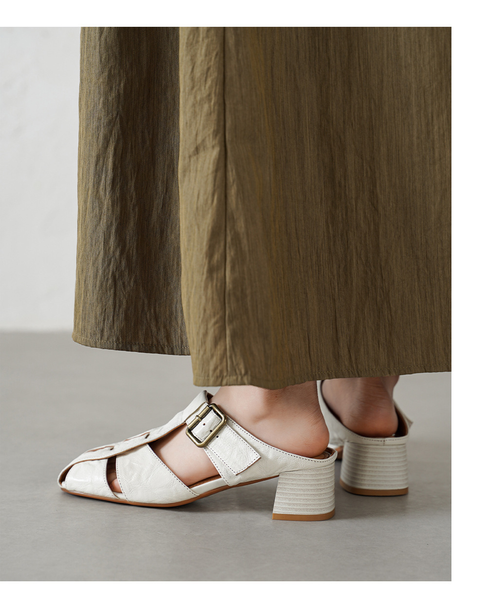 Dép sandal nữ quai dệt da cừu, đế La Mã thô, gót 4.5 cm — Màu caramel chi tiết 10