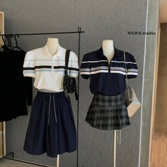 WGWE秋季新款韩系简约风条纹百搭显瘦Polo领半拉链短袖T恤女W6801