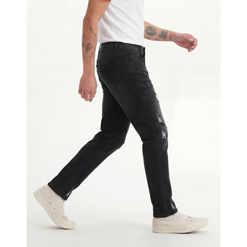 Men's Slim Fit Jeans Fashion Trend Elastic Patch Denim Trousers Mid Waist Black Long Casual Cotton Pants_mkmklike.com