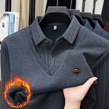 爸爸装假两件毛衣男士冬季加绒打底衫加厚中年衬衫领上衣商务休闲