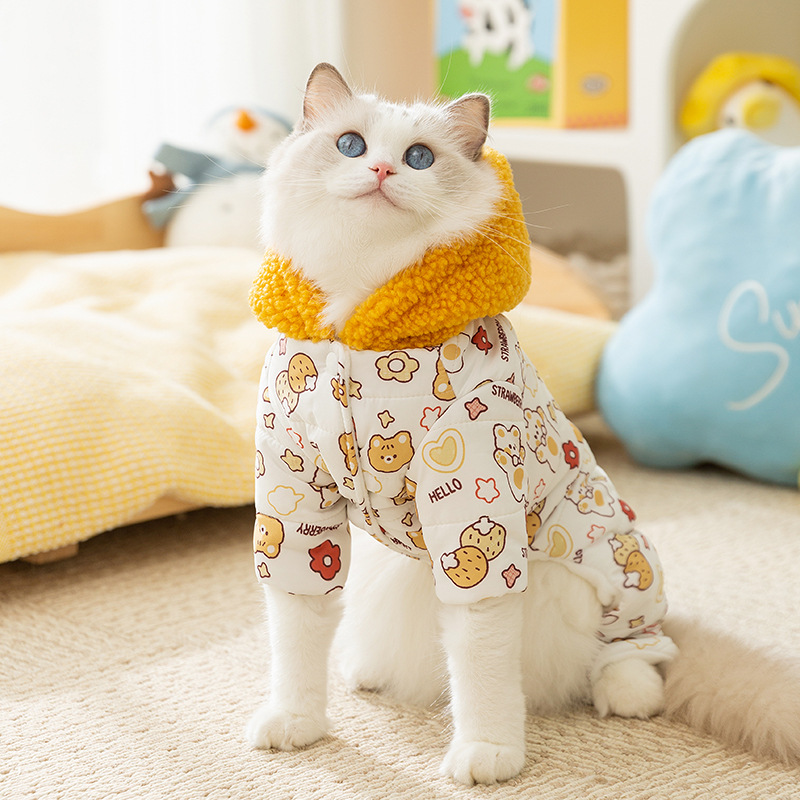 Otoño y invierno, gatos con impresión de algodón de tracción, ropa de algodón de cuatro patas, gatos sin pelo, ropa de peluche más cálida que osos, mascotas