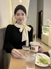 复古撞色拼接蝴蝶结绑带长袖针织衫秋冬新款小众气质高级感上衣女
