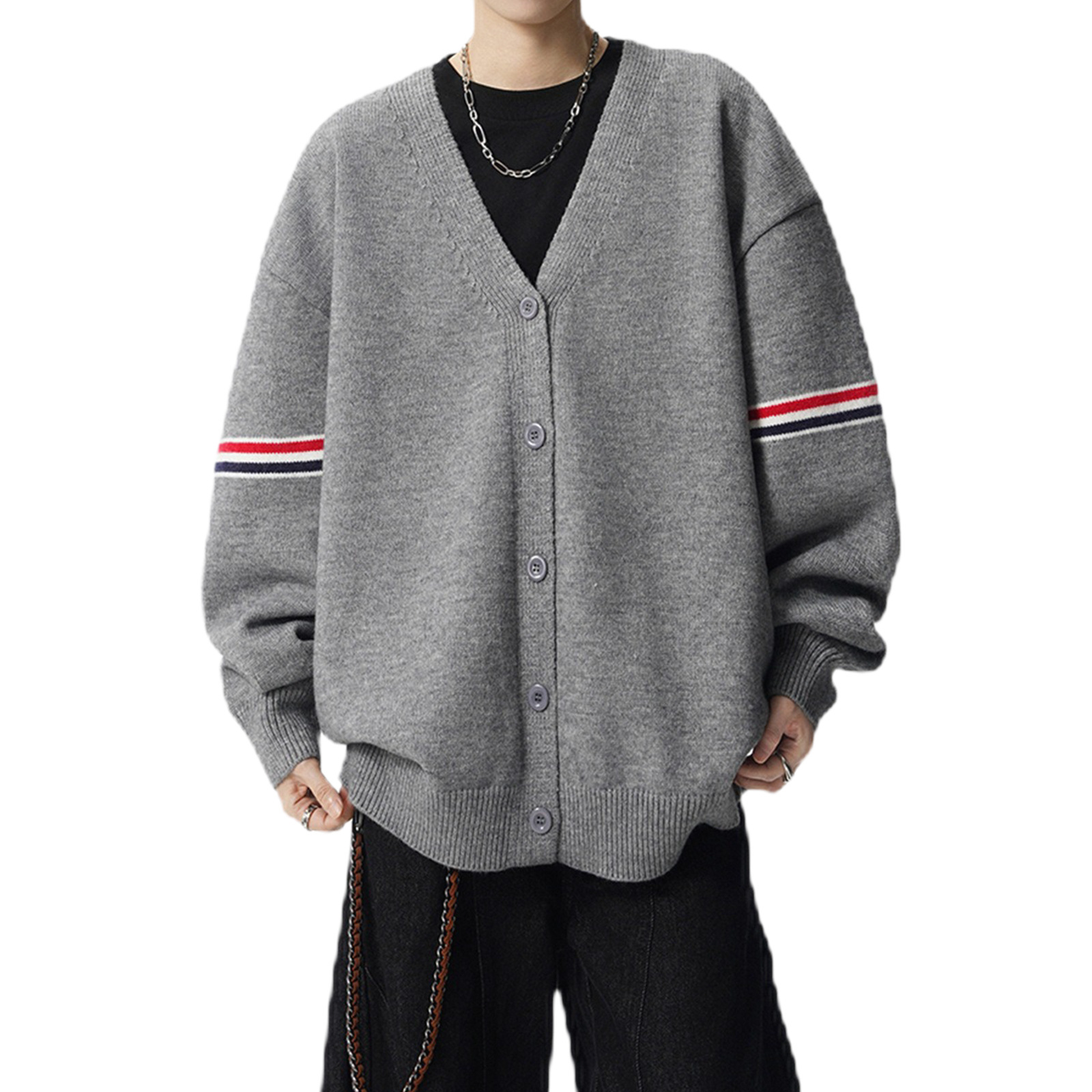 Explosiones transfronterizas de tamaño europeo de gran tamaño V-cuello Cardigan chaqueta camiseta de punto suéter de color masculino rayas de fábrica al por mayor