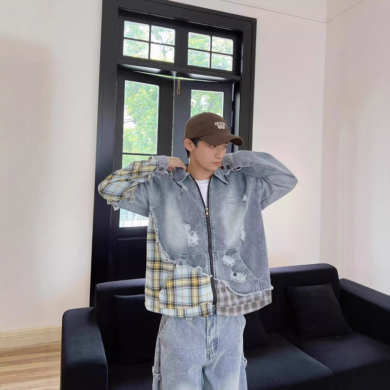 American Retro Plaid Patchwork Wasteland Style Vintage Denim Jacket Ins Men's Casual Designer High Street Jacket