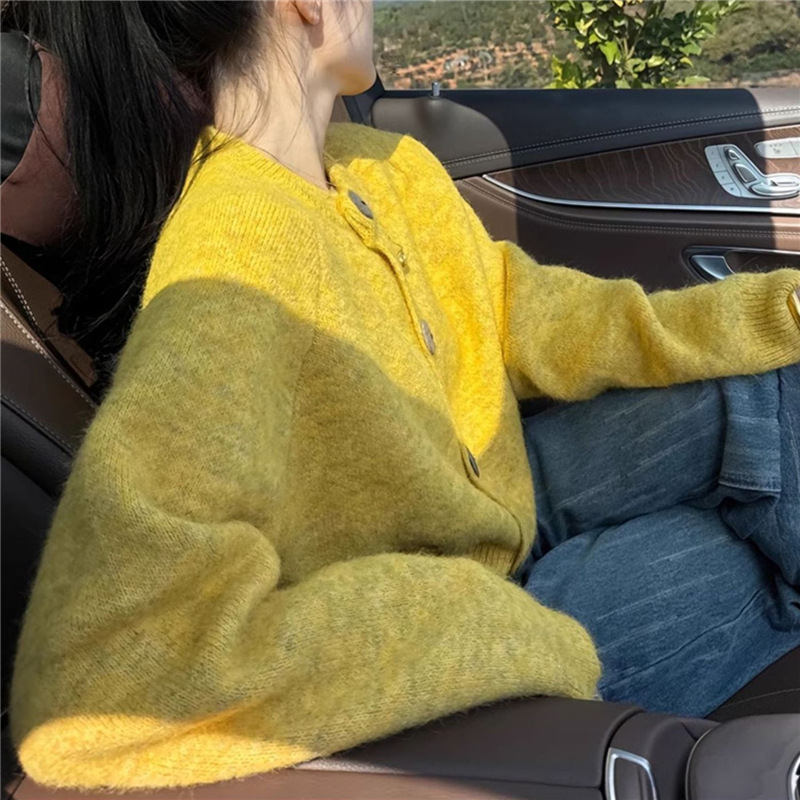 2025宽松慵懒风黄色针织开衫女春秋圆领毛衣外套休闲百搭|undefined