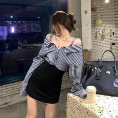 假两件拼接一字肩吊带长袖连衣裙女2025秋季新款短裙条纹衬衫裙子