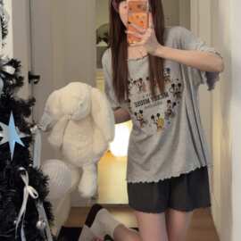 莫代尔带胸垫睡衣女夏季套装 木耳边米奇印花短袖短裤家居服