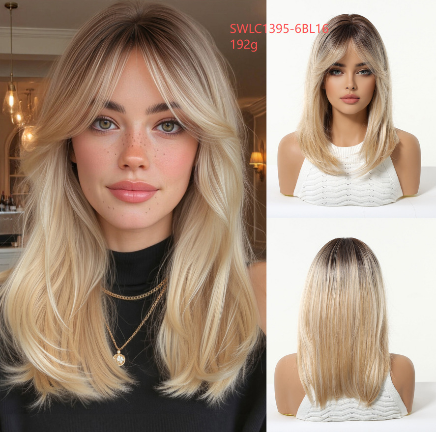 Peluca degradada dorada para mujer, peluca completa, cabello sintético de longitud media, estilo cosplay de Halloween.