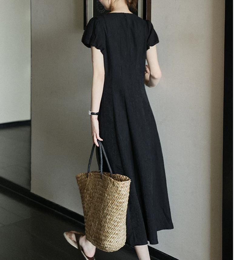 Váy maxi nữ thắt eo 12 miếng đứng cắt ren lông cừu kiểu Pháp sáng bóng — màu đen chi tiết 12