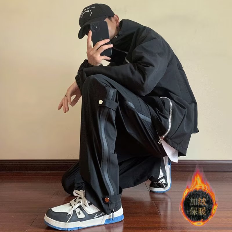 American Retro High Street overalls men's straight wide leg casual pants fleece-lined thickened functional zipper black pants