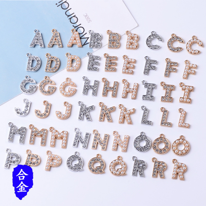 New Pearl Rhinestone 26 English letter pendant diy alloy bracelet accessories spot wholesale
