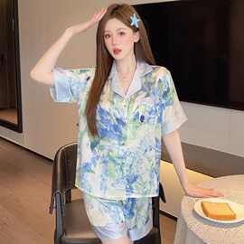 夏季睡衣女装冰丝薄款短袖短裤套装开衫印花休闲高级感气质家居服