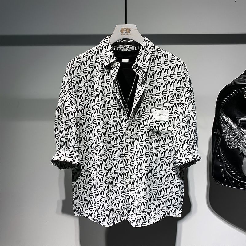 新しいファッションメンズストライププリント半袖ハンサムシャツ夏の五分袖パーソナライズされたストリートトレンドシャツ|undefined
