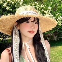 新款法式蕾丝系带毛边草帽女夏季海边沙滩度假大帽檐遮阳防晒帽子