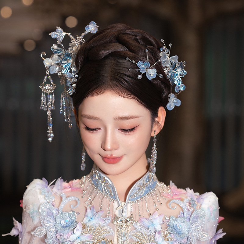 Xiuhe 頭飾り新しい中国風の古代衣装青いガラスの花のヘアピン Xiuhe スーツウェディングドレスチャイナドレスアクセサリー|undefined