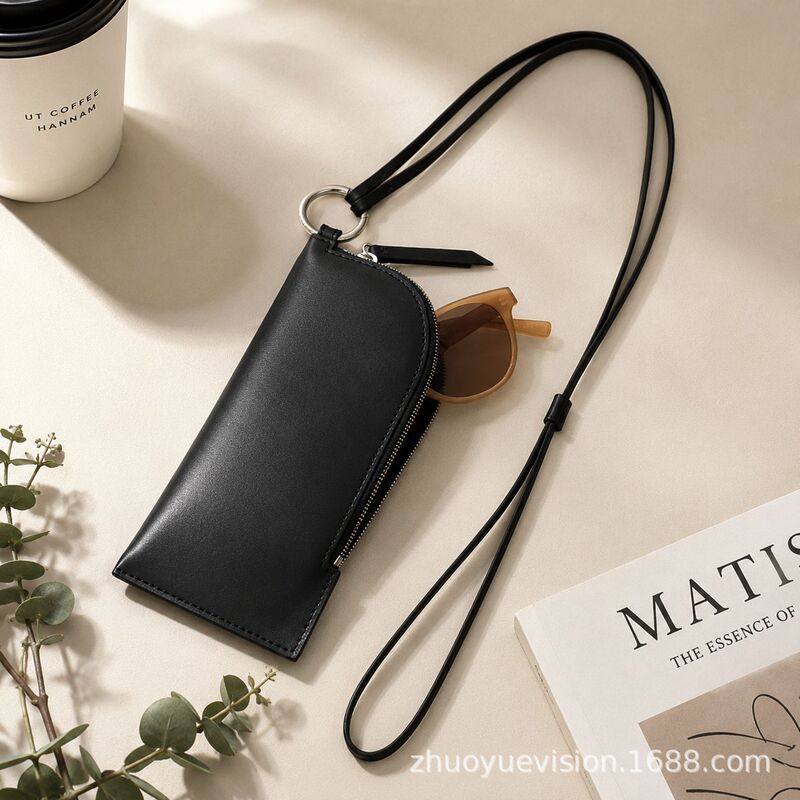 Portable PU Leather Neck-Hanging Glasses Bag for Outdoor Travel, Multifunctional Card Holder, Sunglasses Storage Bag, Direct Sale from Manufacturer