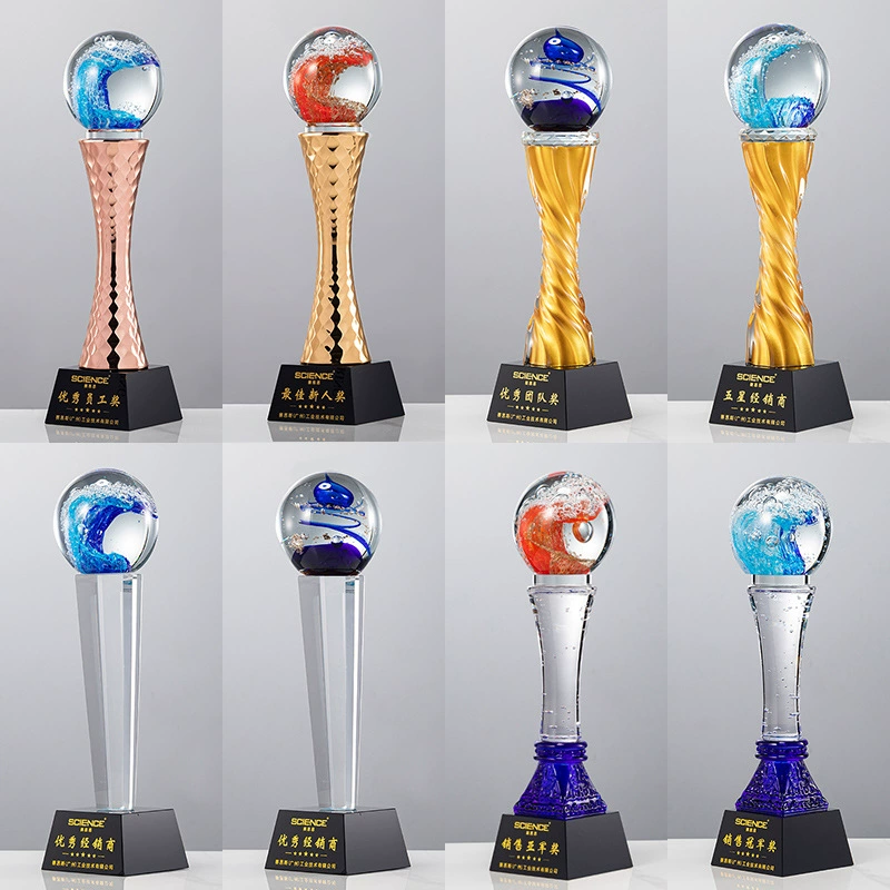 Синяя волна стеклянный пузырь кристальный трофей креативный круглый шар корпоративная награда для выдающегося сотрудника ежегодное собрание сувенир