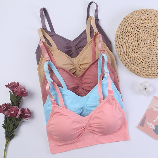 Breastfeeding Bra with Open Buckle and No Steel Ring Double Seamless Postpartum Breastfeeding Bra Underwear with Detachable Breathable Breast Pad