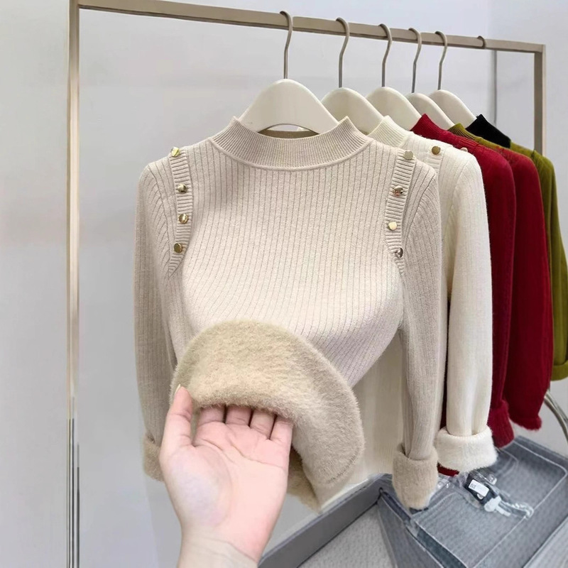 New Velvet Half Turtleneck Sweater for Women in Autumn and Winter Design Tops with Velvet Thickeneded Warm Knitted Bottoming Shirts New Velvet Half Turtleneck Sweater for Women in Autumn and Winter Design Tops with Velvet Thickeneded Warm Knitted Bottoming Shirts