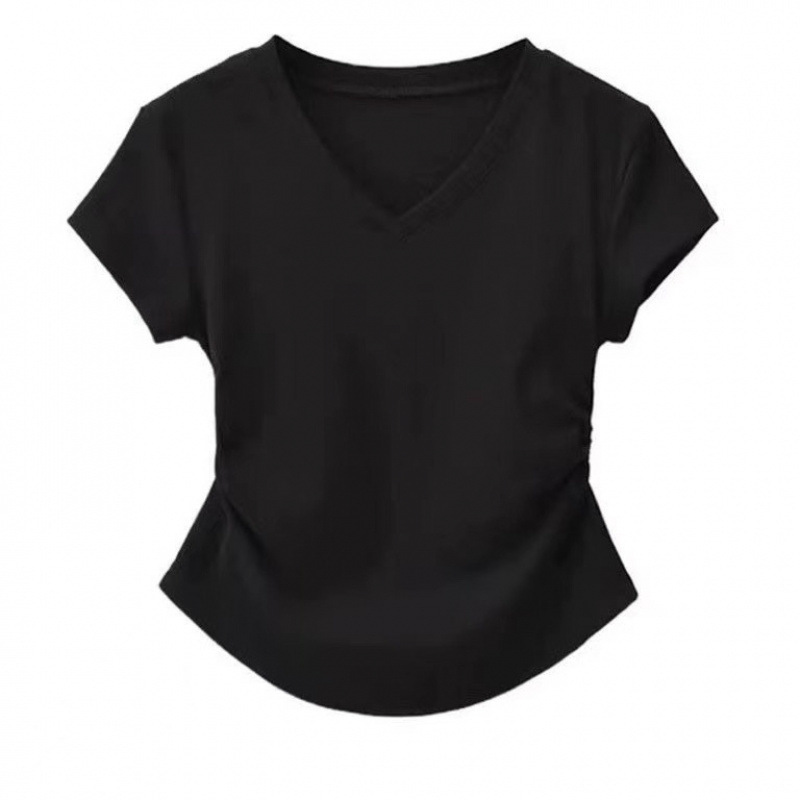 夏用右肩Vネックプリーツ万能半袖Tシャツレディーススリムフィットホットガールデザインショートイレギュラートップ|undefined