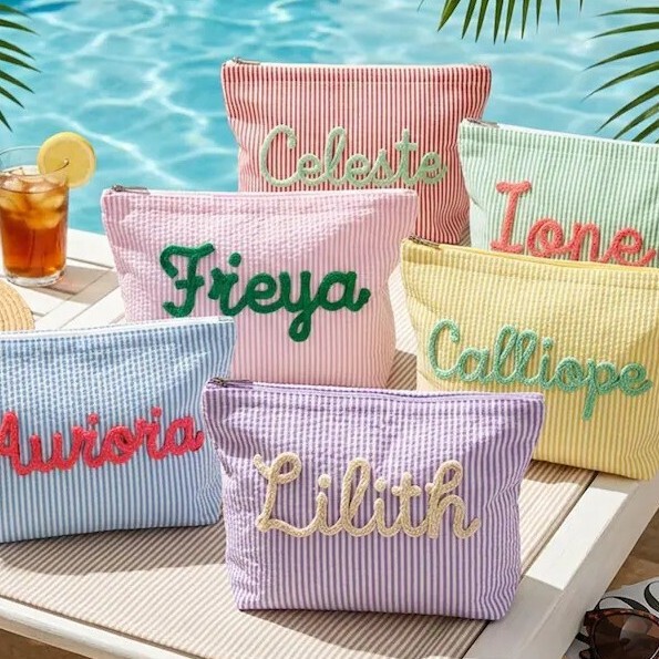 Etsy Personalized Seersucker Makeup Bag with Hand-Embroidered Name, Storage Bag, Toiletry Bag, Large Capacity, Popular Item
