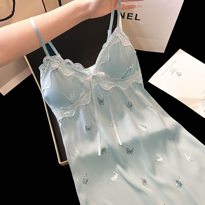 女性用サスペンダーナイトガウン、夏のアイスシルクホットスタンプバタフライハイエンドパジャマ、甘い女の子のシルクホーム服、インターネットセレブスタイル|undefined