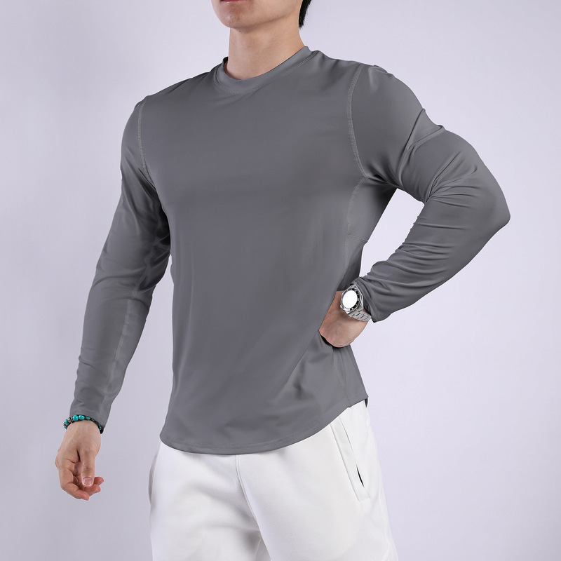 Spring and Autumn Leisure Sports Long Sleeve Arc Hem Men's Quick-drying Top Gym Breathable Base Shirt Round Neck New