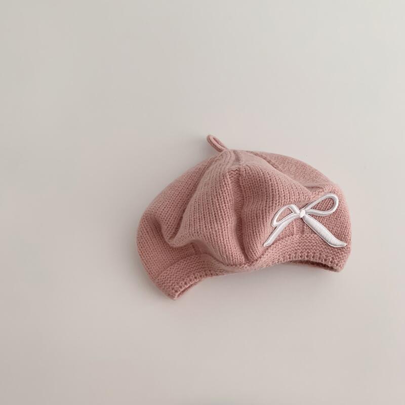 女童贝雷帽秋冬款甜美刺绣蝴蝶结保暖防风毛线帽女宝宝针织画家帽|undefined