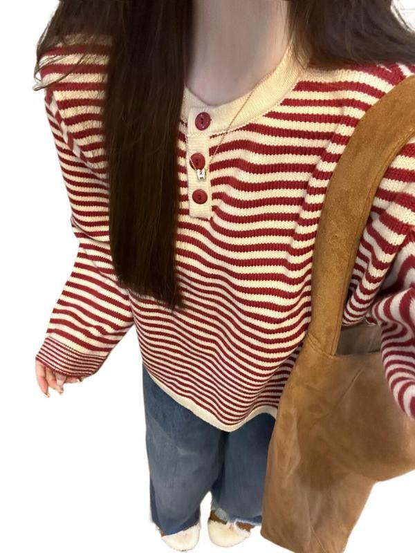 慵懒感红色条纹撞色针织上衣秋季穿搭宽松毛衣女秋冬2025新款|undefined