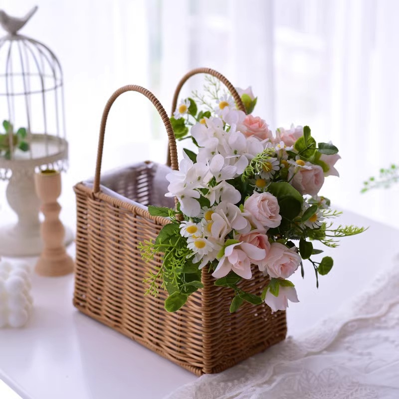 Cestas de flores de huevos de vid de plástico tejidos, flores de luna, flores de mano tejidas, ramo de flores para regalar a una amiga, cesta de flores de mano