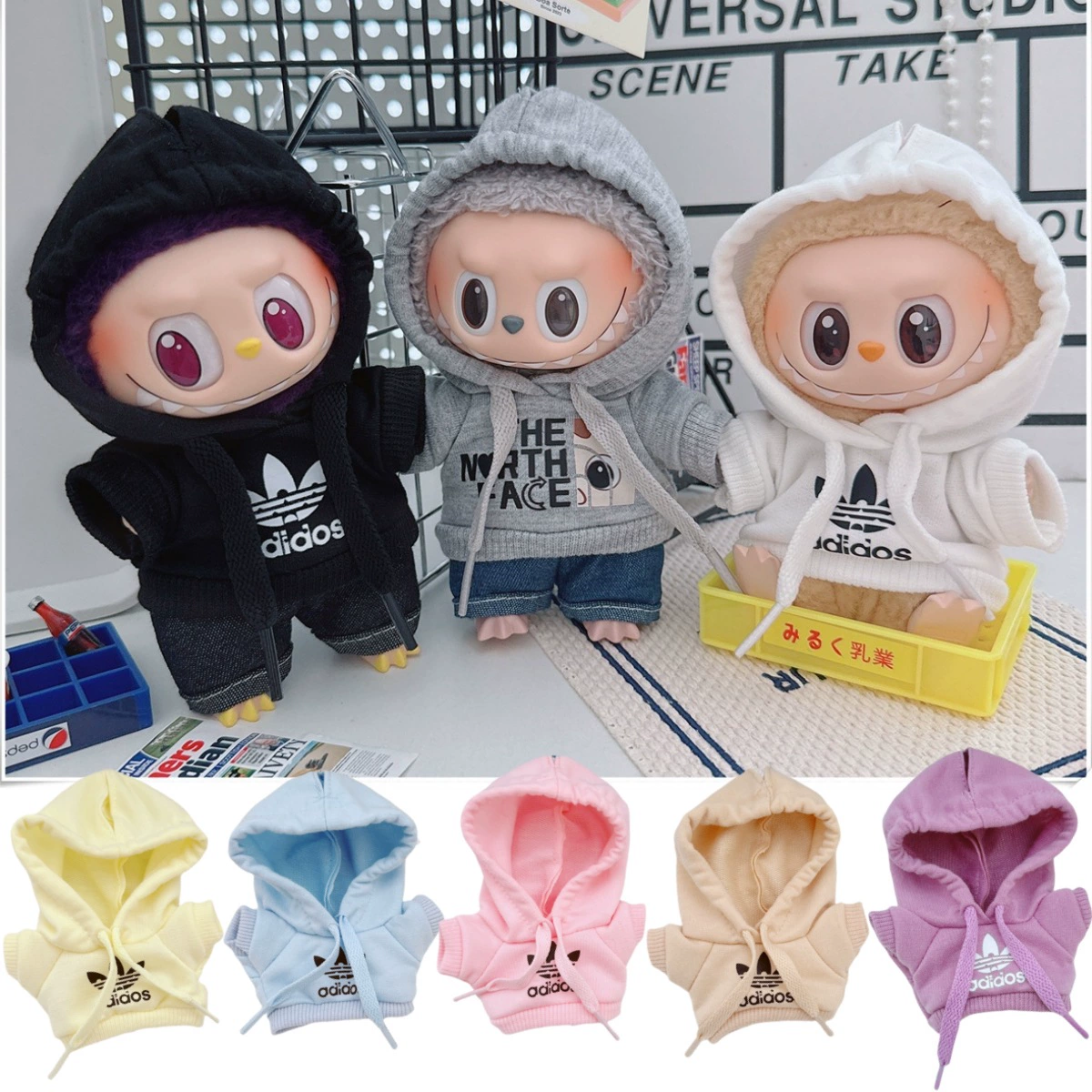 Детская одежда Labubu 17 см, хлопковая кукла 10 см, семья Микки, черно-белый, серый, модный свитер, штаны с капюшоном