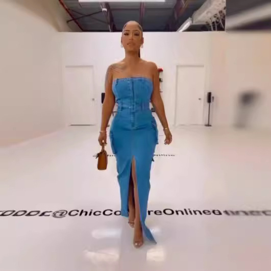 Amazon New Foreign Trade European and American Women's Wash Denim Pants dress Waist Tube Top Sexy Split