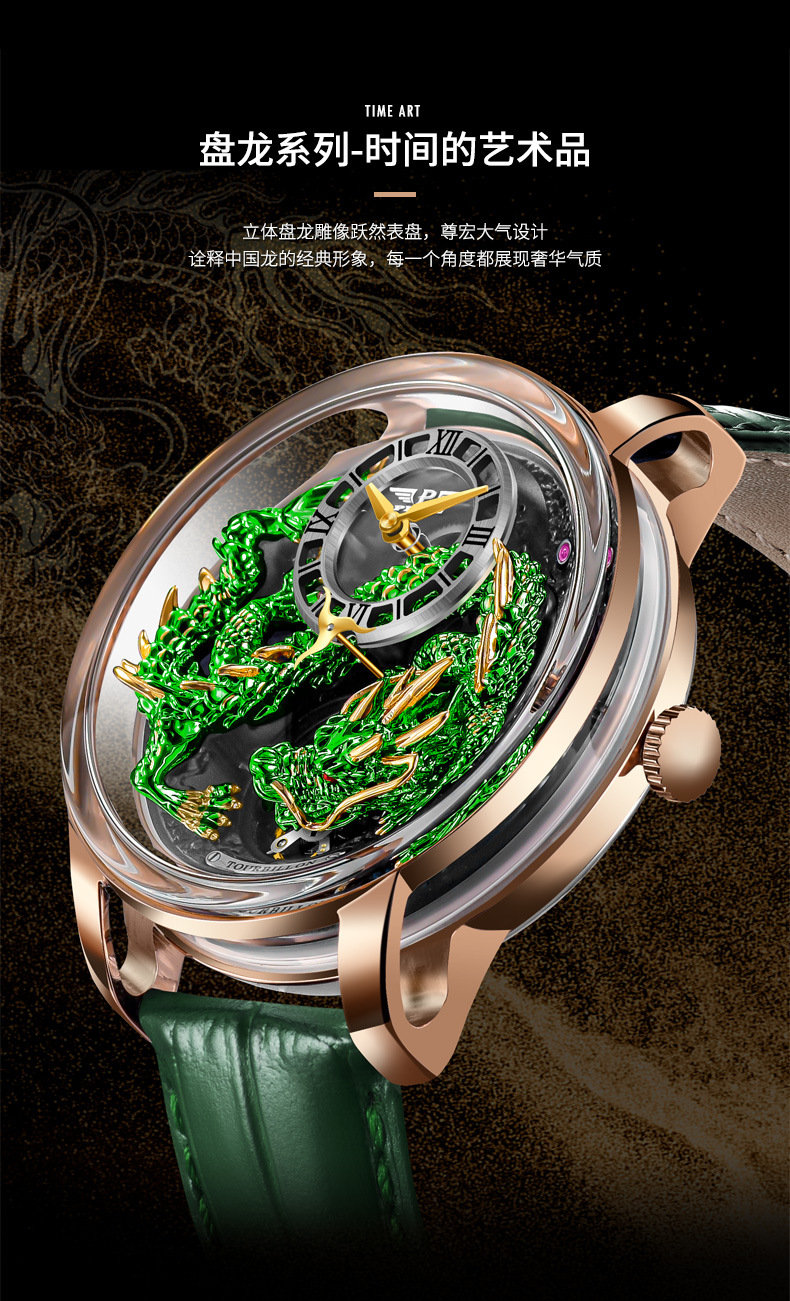Đồng hồ nam automatic lộ máy chống nước dây da — Hoa hồng vỏ hoa hồng da đen, Hồng vỏ Hồng Long Blue Skin, Hoa hồng vỏ hoa hồng da xanh, Hồng Shell Green Dragon Da đen chi tiết 3