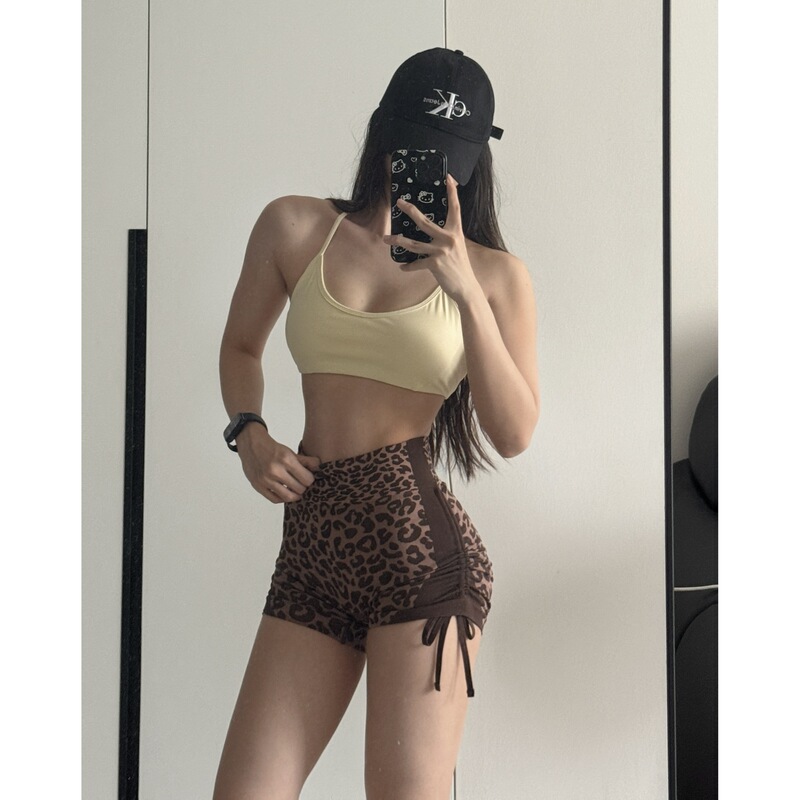 咖啡色豹纹粉色运动短裤女抽褶高腰三分瑜伽健身裤提臀抽绳1840|undefined