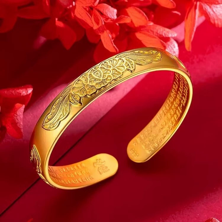 Латунный позолоченный пион цветок отверстие браслет женский ретро сердце лотос старинный браслет браслет с песком золото ручной работы оптом