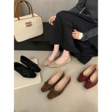 2025年新款法式蝴蝶结浅口单鞋女方头平底鞋韩版百搭秋季软底鞋