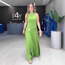 欧美跨境外贸亚马逊2025年新款圆领无袖收腰显瘦气质开叉大摆长裙