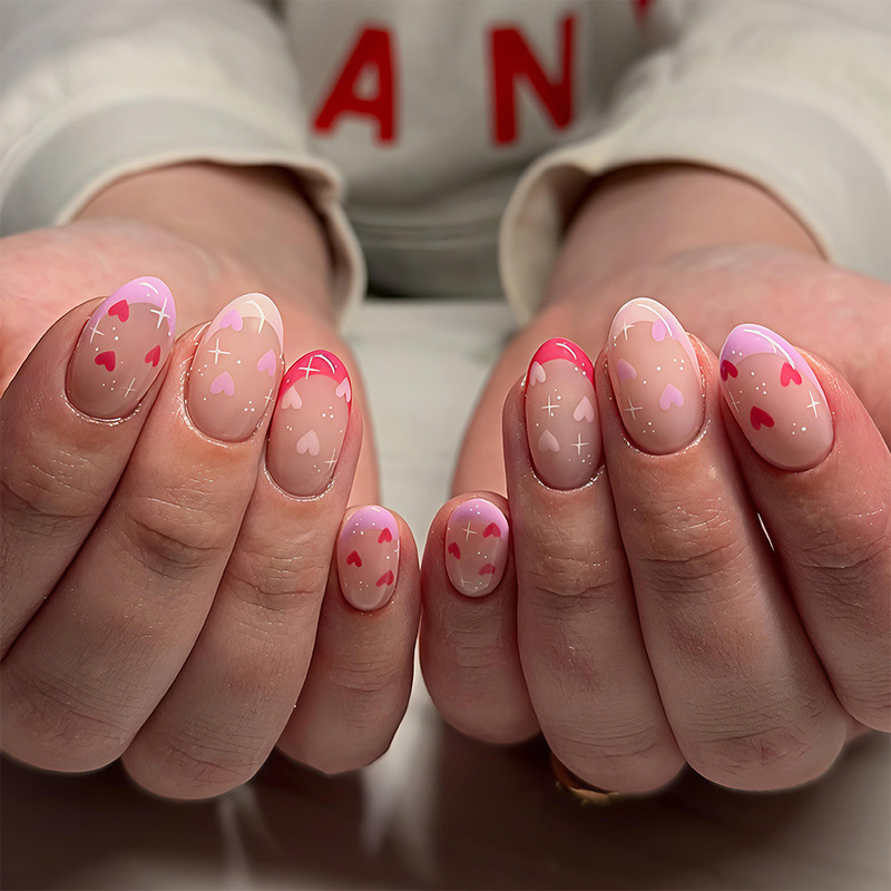 Valentine's Day Manicure Cross-Border Short Oval French Heart Fake Nails European and American Holiday Wear Press-On Nails Valentine's Day Manicure Cross-Border Short Oval French Heart Fake Nails European and American Holiday Wear Press-On Nails