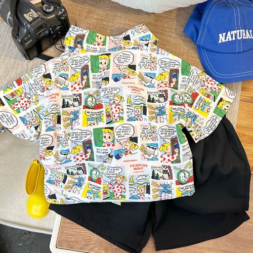 Children's shirt men's summer short-sleeved trendy flower fashion boy cartoon flower shirt foreign style Hong Kong style boy suit for vacation