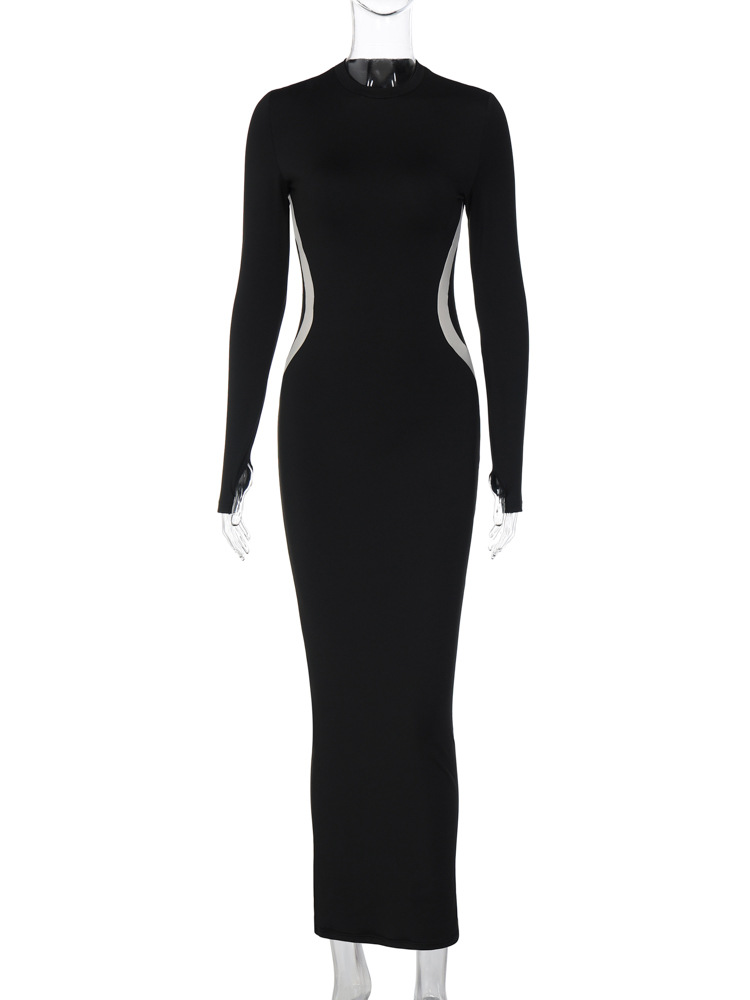 Women's Slim Fit Long Sleeve Round Neck Dress In Solid Colour_voghion.com
