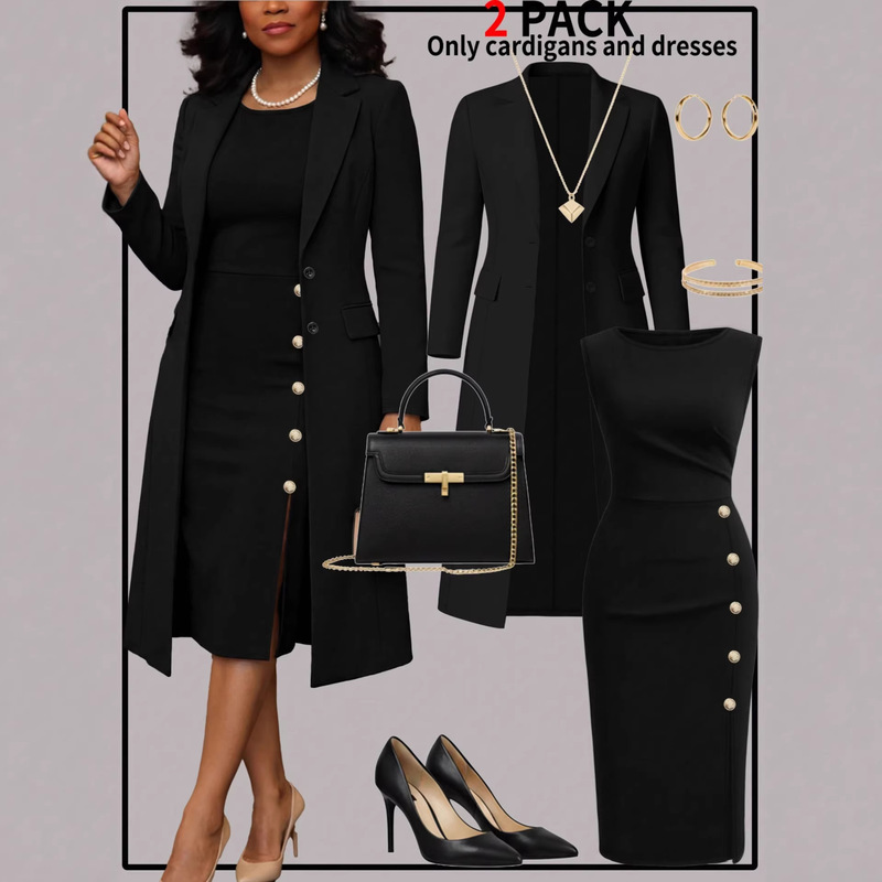 Women's New Autumn and Winter Style European and American Style Solid Color Long Blazer Paired with a Simple Sleeveless Dress Two-Piece Set Women's New Autumn and Winter Style European and American Style Solid Color Long Blazer Paired with a Simple Sleeveless Dress Two-Piece Set