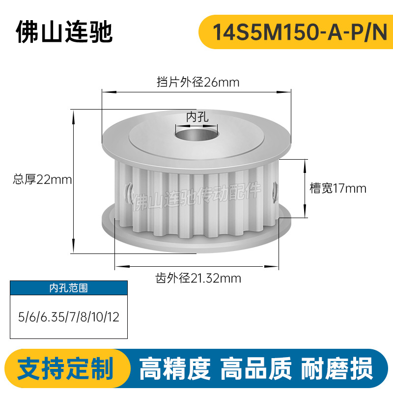 S5M14齿 两面平同步轮 槽宽17 AF型 同步皮带轮型新款14S5M150-A