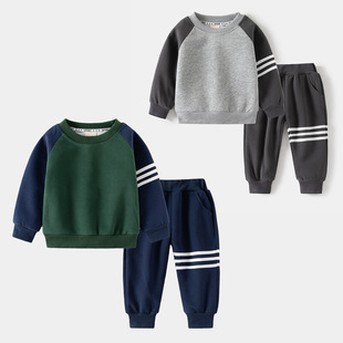 Children's Clothing Wholesale 2025 Autumn New Boys' Patchwork Striped Sweatshirt Baby Two-Piece Set One-Piece Dropshipping