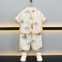 男童夏季汉服套装2025新款儿童中国风唐装小少爷短袖衬衫两件套潮